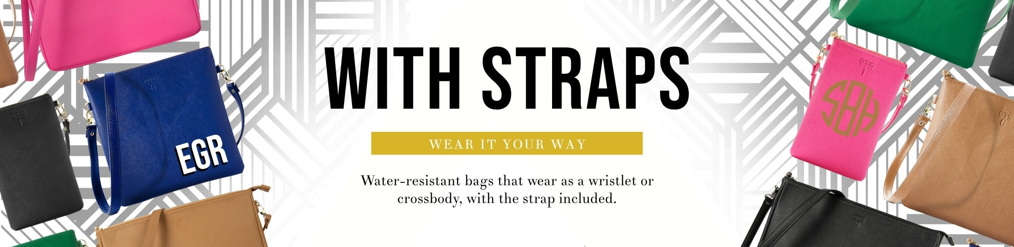 Water-resistant bags that wear as a wristlet or crossbody, with the strap included.