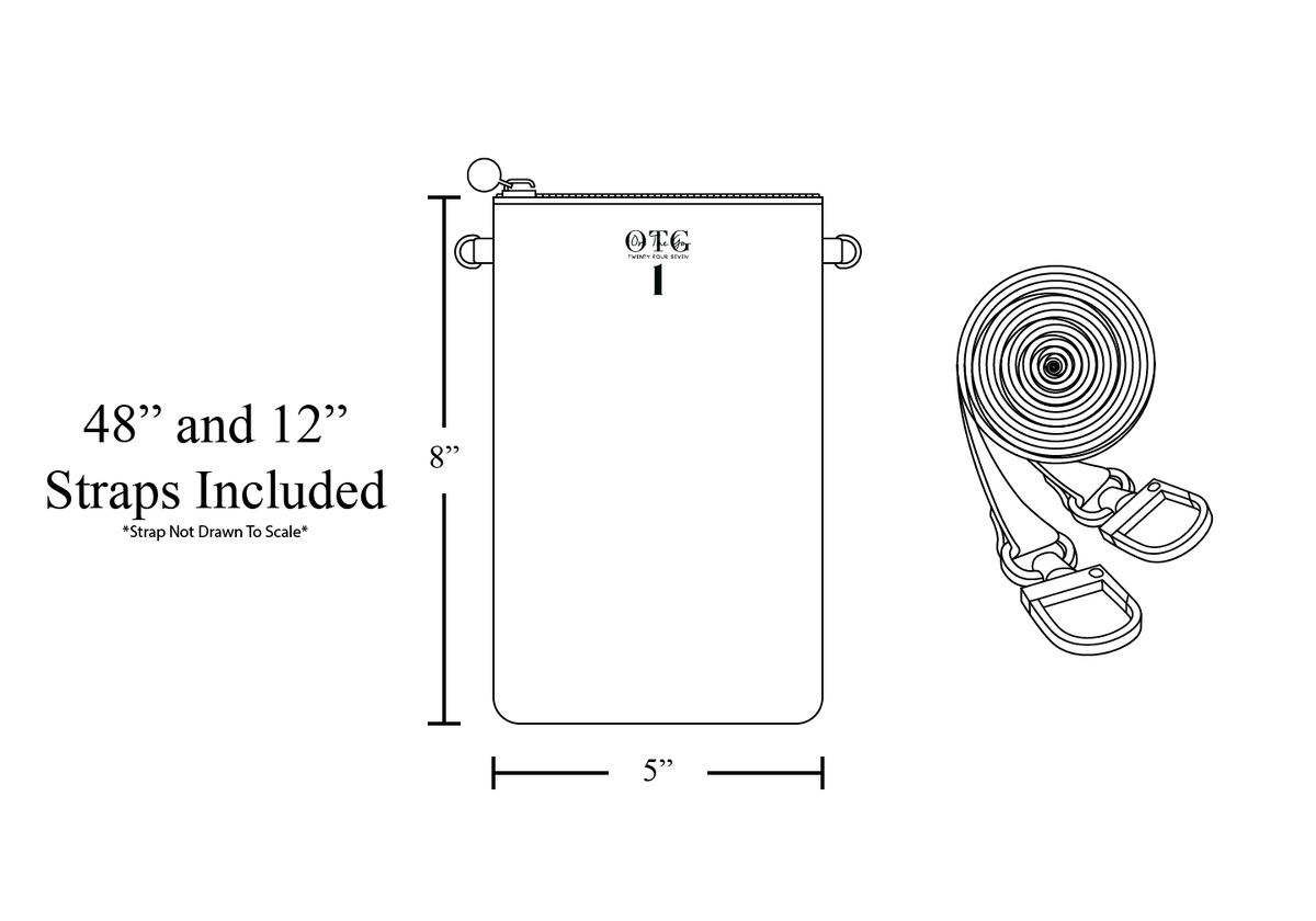 Line diagram of the OTG|247 size #1, with dimension lines marking 5 inches wide by 8 inches tall, includes two removable straps (12 inches and 48 inches).