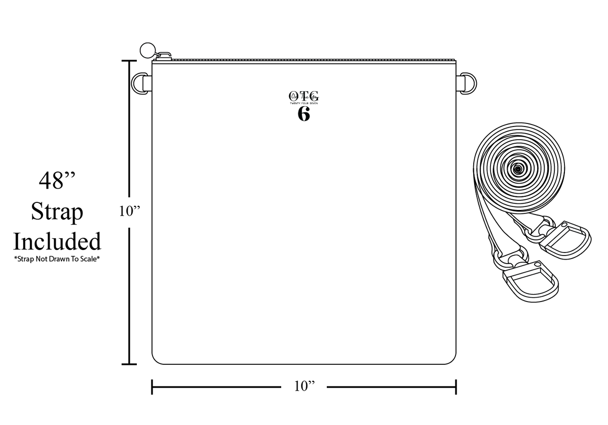 Line diagram of the OTG|247 size #6, with dimension lines marking 10 inches wide by 10 inches tall, includes a 48-inch removable crossbody strap.