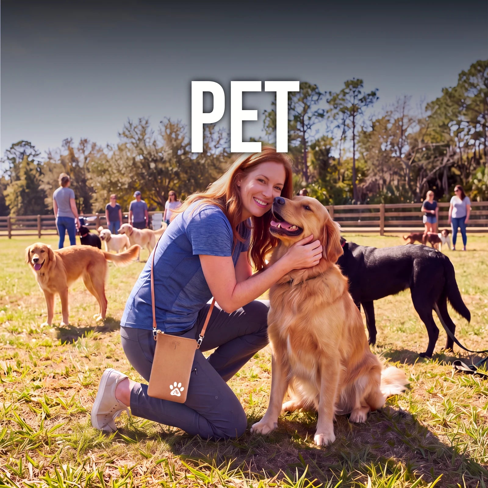 Pet Collection — a woman kneeling at a dog park with a golden retriever, wearing a tan OTG crossbody pouch.