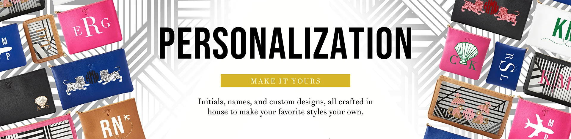 OTG|247 personalization promotional banner. Initials, names, and custom designs, all crafted in house to make your favorite styles your own.