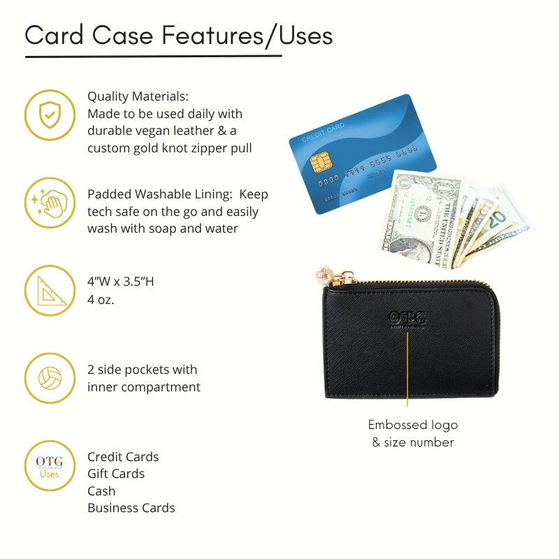 Black OTG247 Card Case with features listed on left.