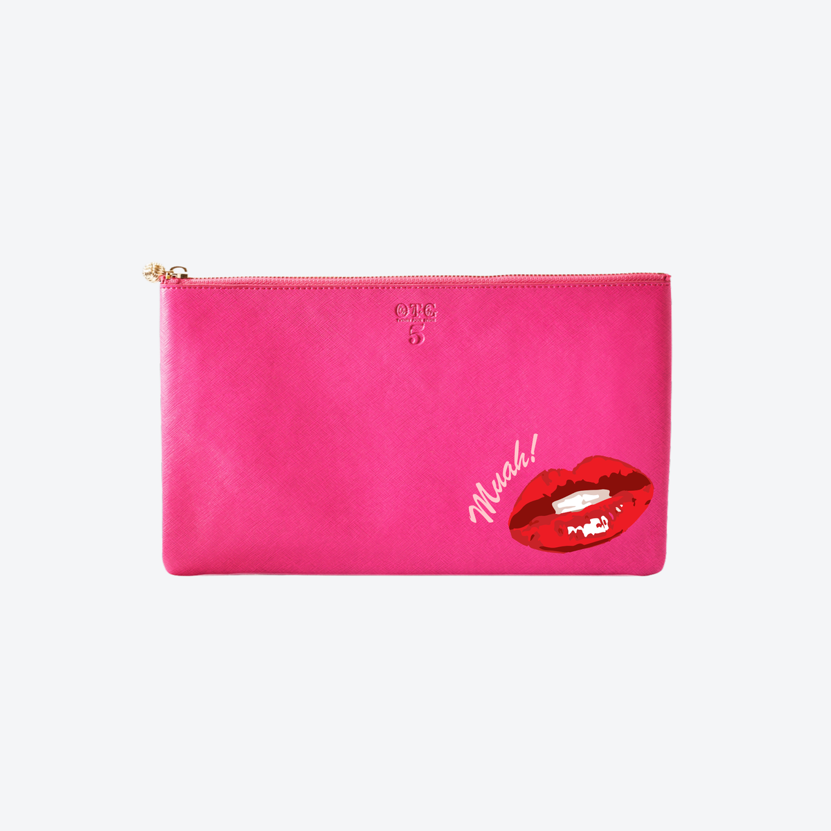 OTG|247 #5 Hot Pink Viv Lips Clutch, hot pink vegan leather with a red Muah! lips graphic and gold knot zipper pull