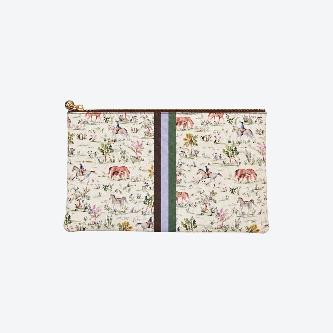 Timo & Violet Hunter Collab Clutch, front view, horse and rider toile print with brown, lavender and green stripe and gold-tone knot zipper pull