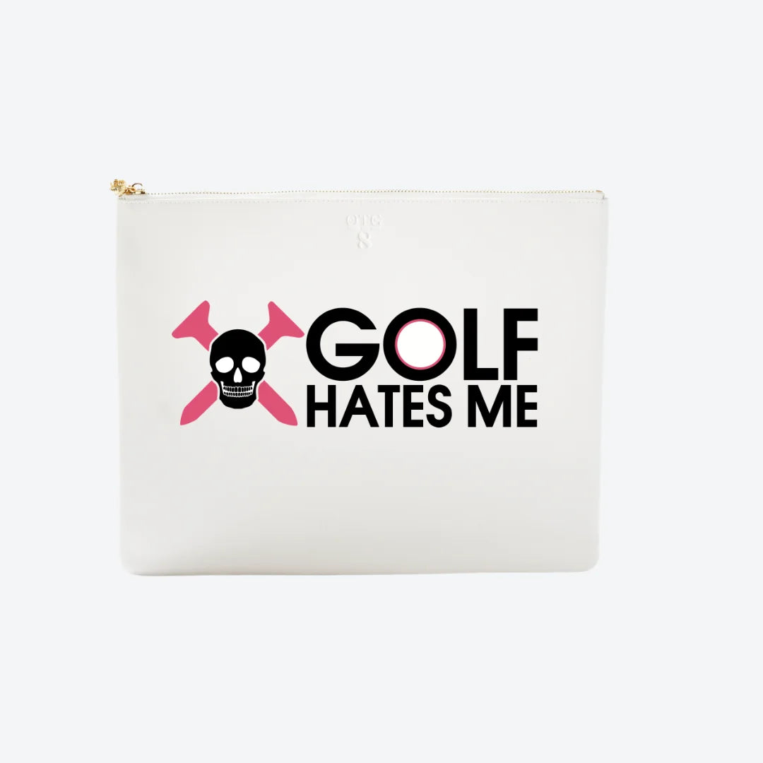 #8 White Golf Hates Me Pouch, front view